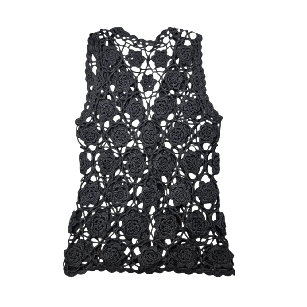 Vintage Crochet Beaded Black Vest Floral Handmade Cotton M L - Picture 2 of 7